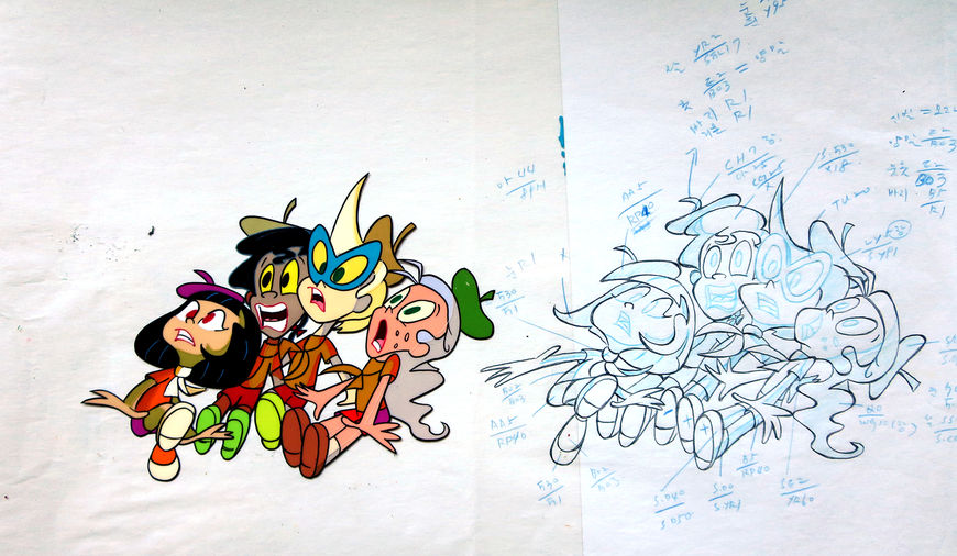 IMAGE: Animation cel and production drawing of scared troop girls