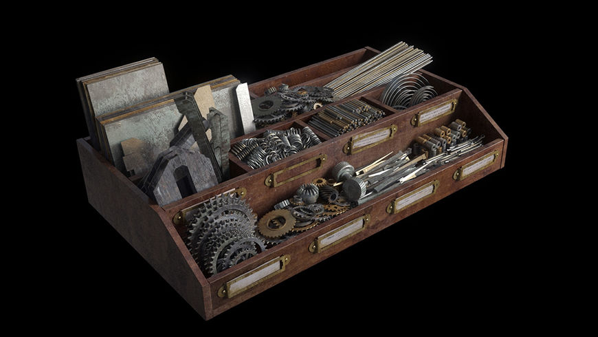 IMAGE: Still of props – various tools and small items